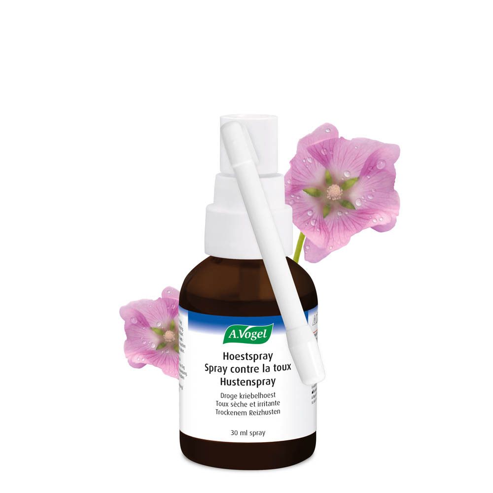 Flacon spray et fleurs. Inscriptions: A. Vogel, Hoestspray, Spray contre la toux. 30 ml.