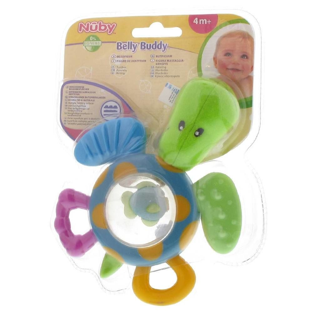 Nuby Belly Buddy, jouet de dentition en blister. Bleu, jaune, vert et rose. Avec élément transparent et illustration de bébé.