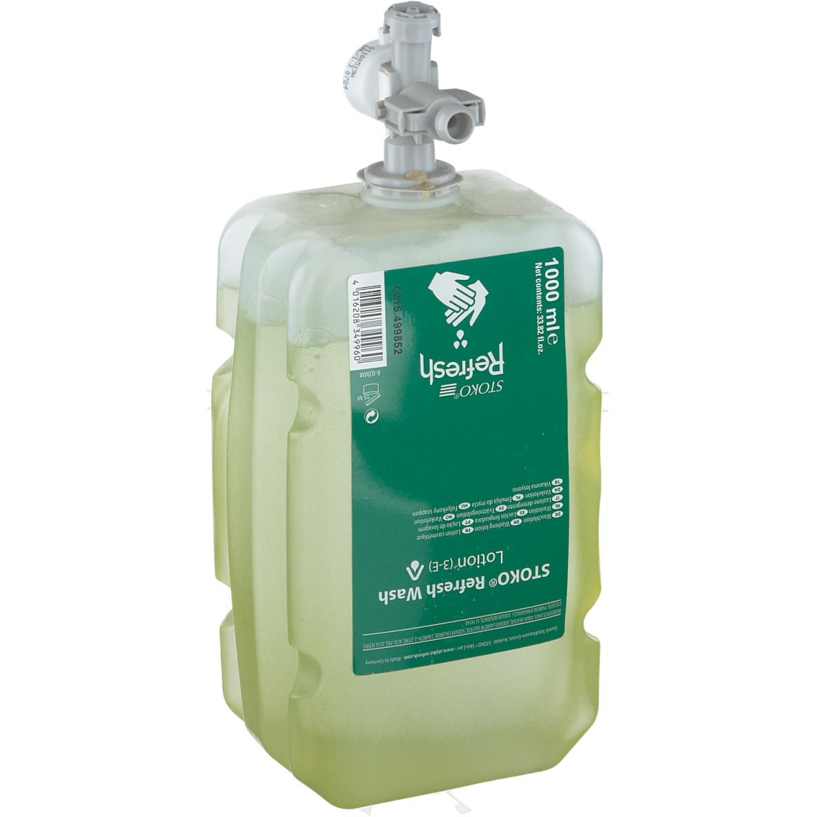 Récipient de lotion verte avec distributeur. Inscription: STOKO Refresh Wash Lotion. Volume: 1000 ml.