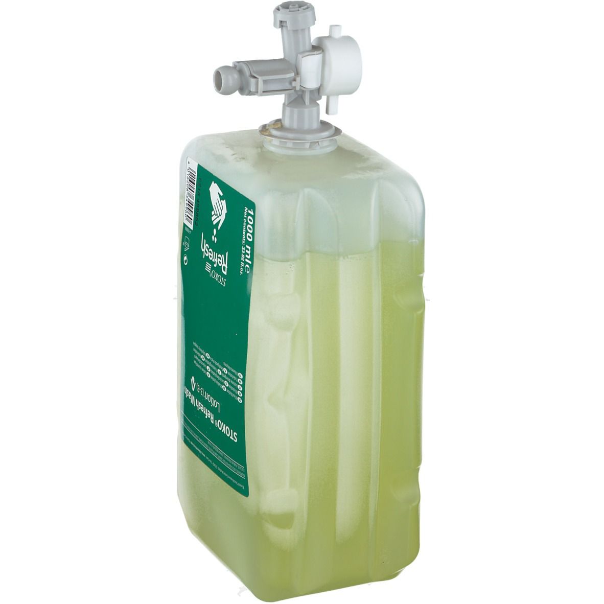 Récipient de lotion verte avec distributeur. Inscription: STOKO Refresh Wash Lotion. Volume: 1000 ml.
