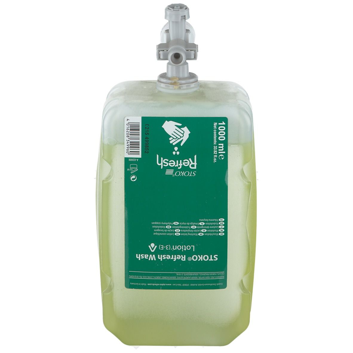 Récipient de lotion verte avec distributeur. Inscription: STOKO Refresh Wash Lotion. Volume: 1000 ml.