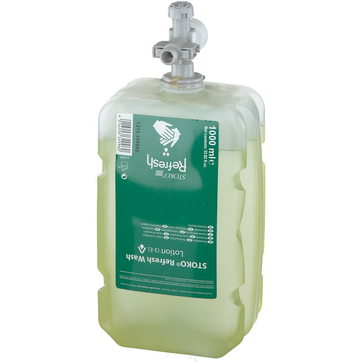 Récipient de lotion verte avec distributeur. Inscription: STOKO Refresh Wash Lotion. Volume: 1000 ml.