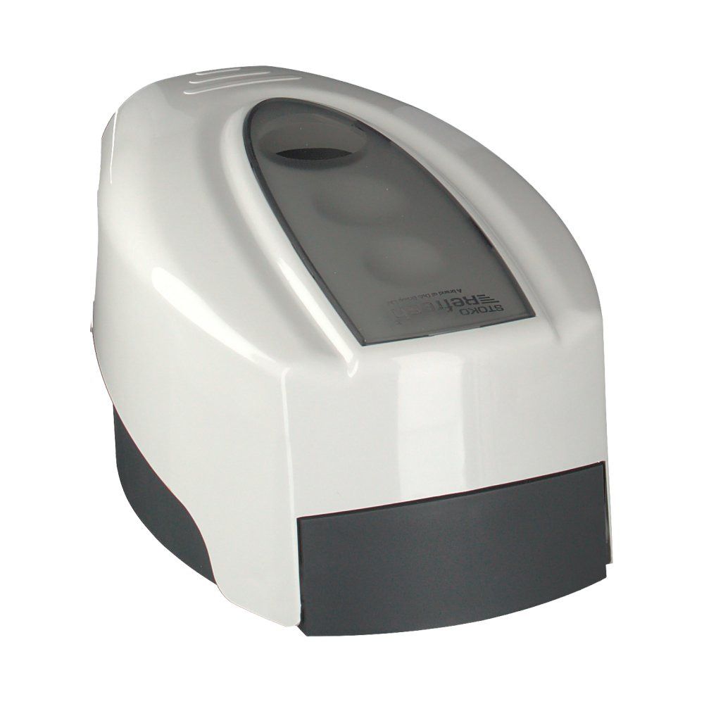 Wit en grijze dispenser. Bovenkant wit met grijs deksel. Stoko-logo zichtbaar. Afgeronde vorm.
