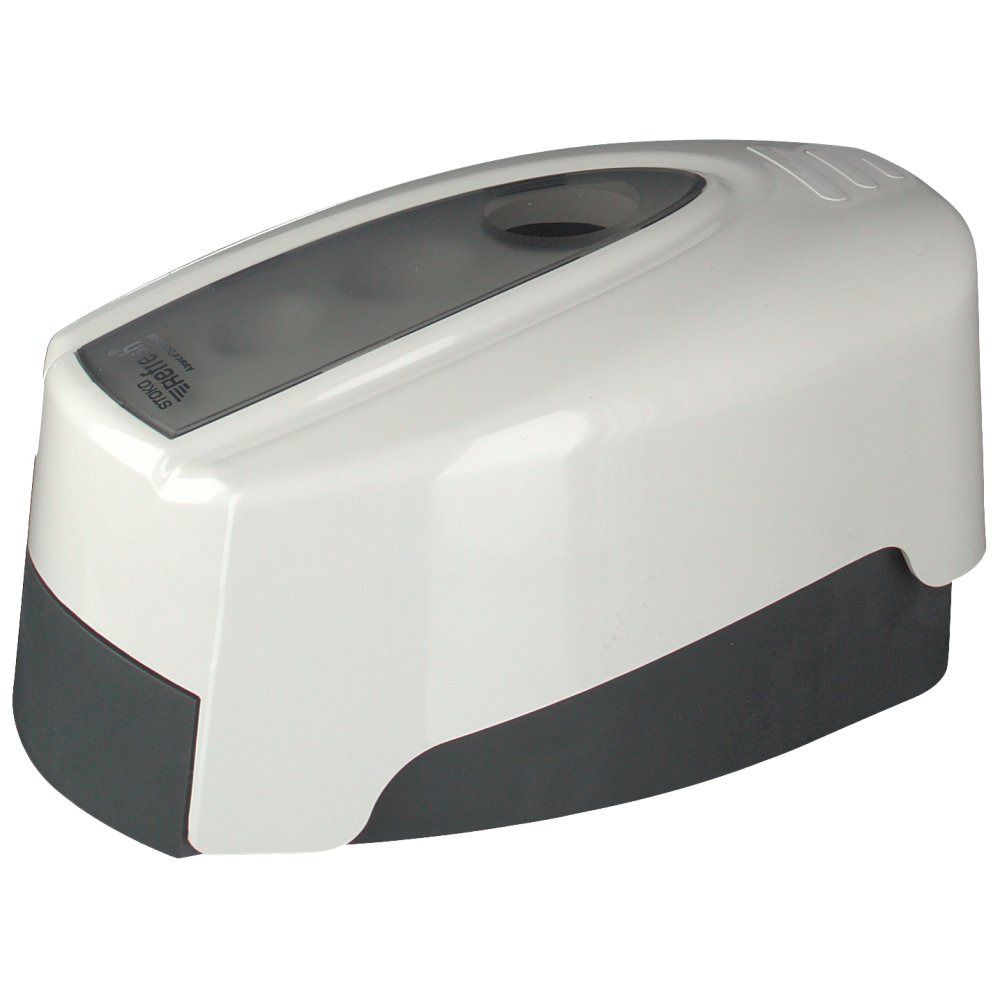 Wit en grijze dispenser. Bovenkant wit met grijs deksel. Stoko-logo zichtbaar. Afgeronde vorm.