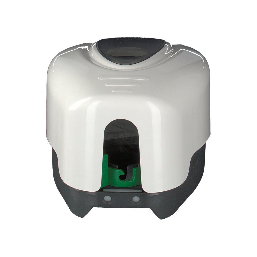 Wit en grijze dispenser. Onderste deel grijs, bovenste deel wit met grijs deksel. Groene component zichtbaar.