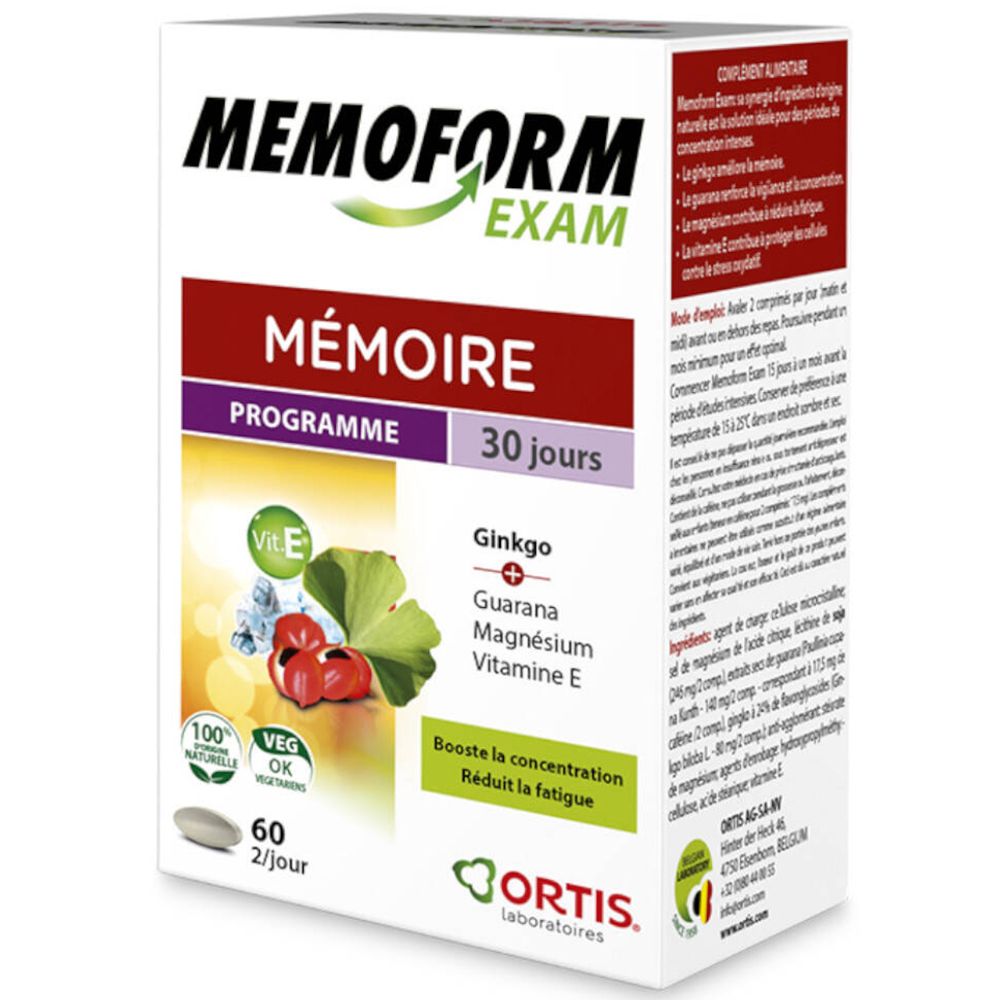 Confezione di Memoform Exam. Contiene 60 compresse. Contiene Ginkgo, magnesio, guaranà e vitamina E. 100% naturale.