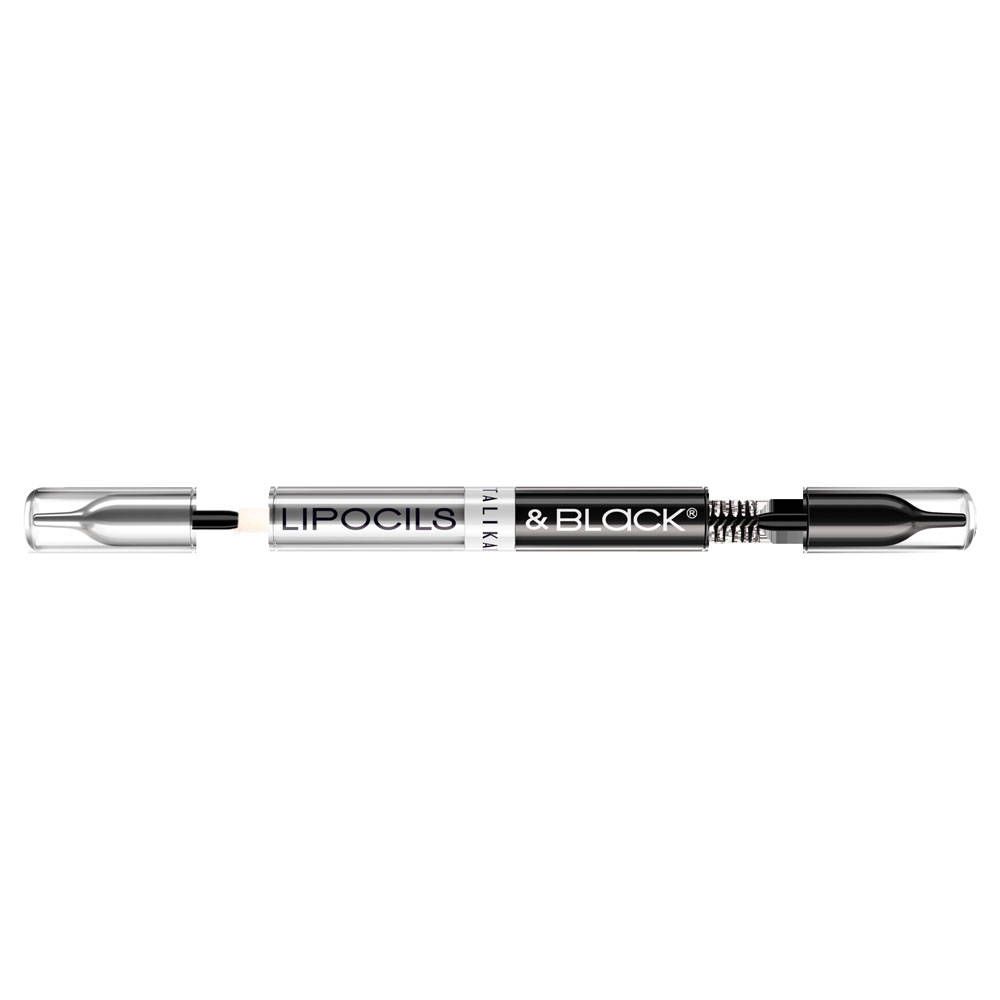 Applicateur double, divisé en Lipocils et mascara noir. Capuchons argentés, partie centrale noire avec texte.