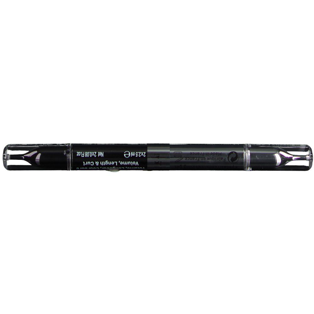 Applicateur double noir. Texte: Volume, Length & Curl. Volume: 2x2,5 ml. Écriture noire sur fond transparent.