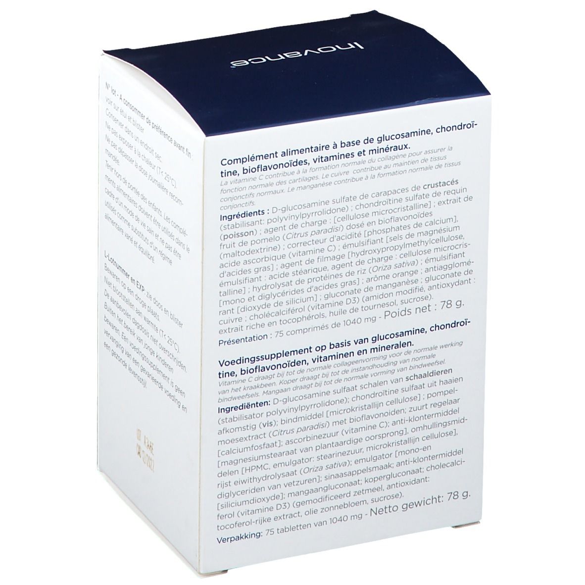 Dos de la boîte blanche et bleue. Ingrédients: glucosamine, chondroïtine, vitamines, minéraux. Logo Inovance.