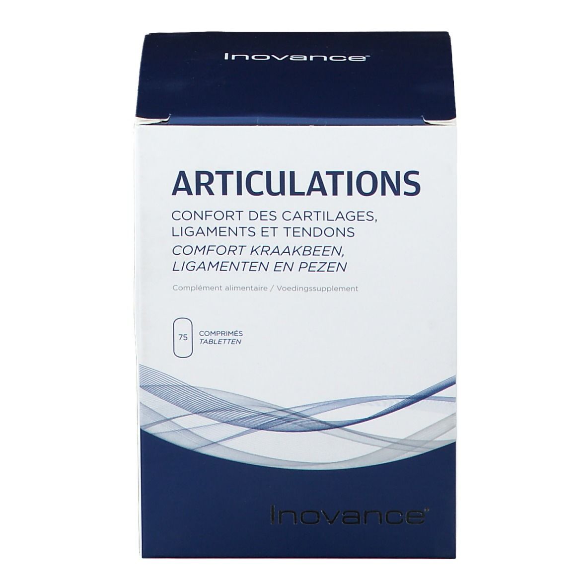 Boîte blanche et bleue Inovance. Inscriptions: ARTICULATIONS, confort des cartilages, ligaments et tendons. Contient 75 comprimés.
