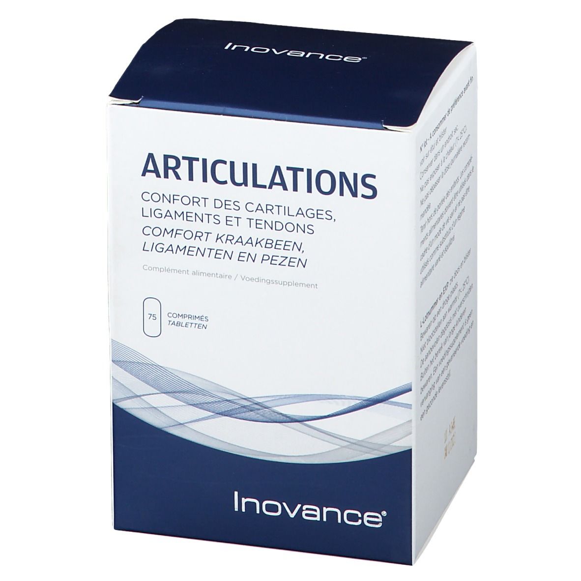 Boîte blanche et bleue Inovance. Inscriptions: ARTICULATIONS, confort des cartilages, ligaments et tendons. Contient 75 comprimés.