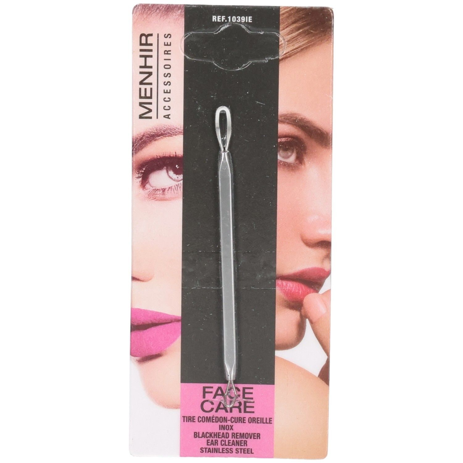 Gesichtspflege-Werkzeug aus Edelstahl. Mit Schlaufe und Spitze. Auf rosa Karte mit Produktname und Marke.