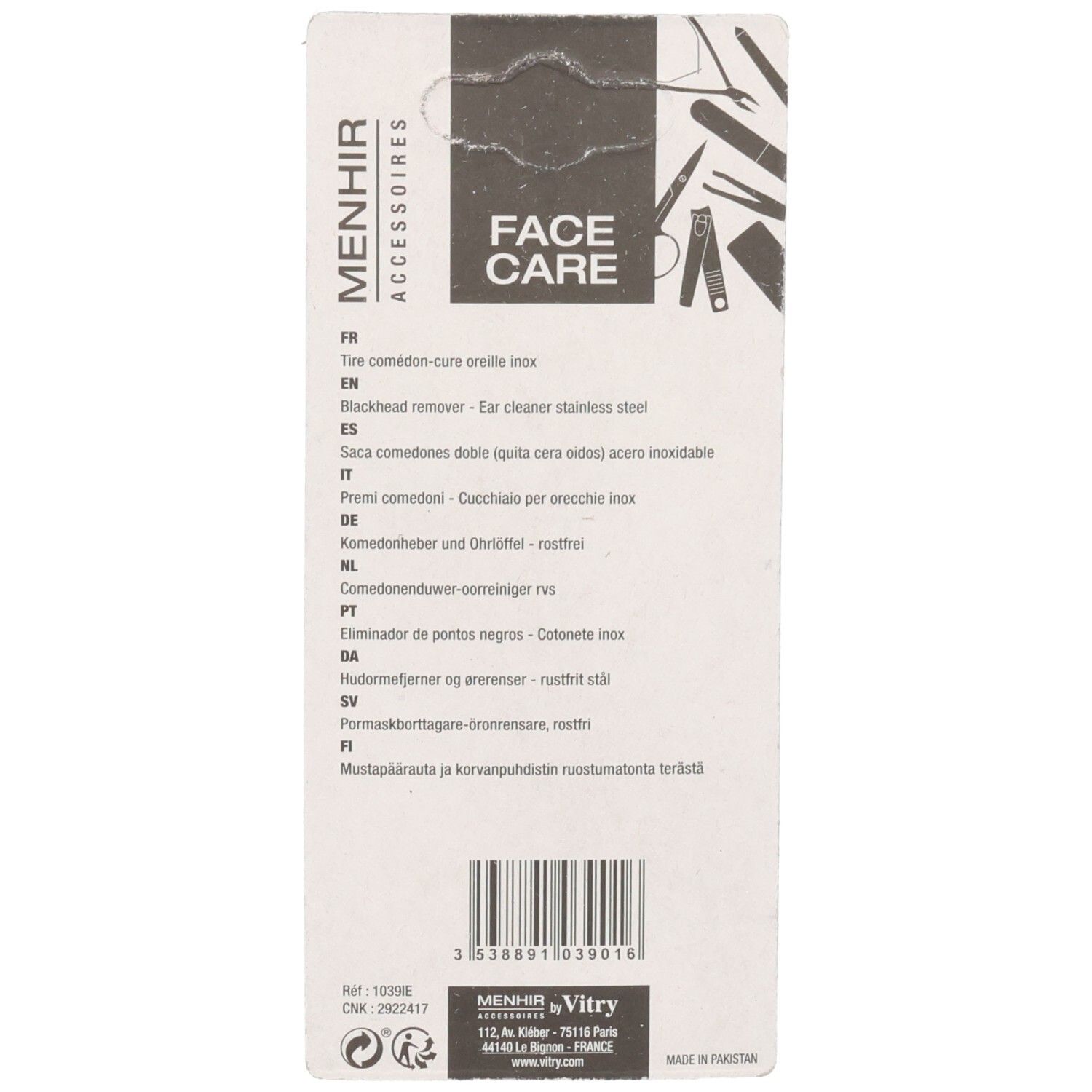 Rückseite der Produktverpackung. Mehrsprachige Produktbeschreibungen. Marke und Herstellerinformationen.