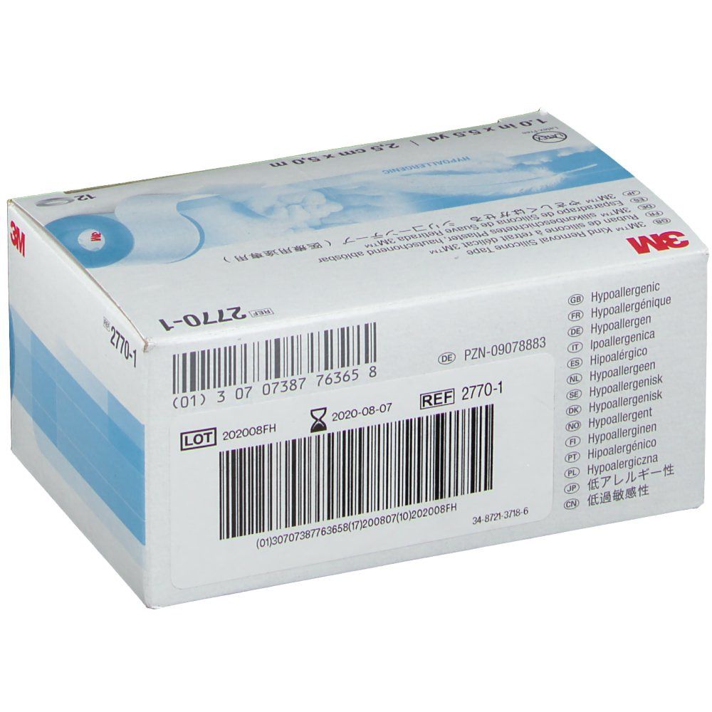 Dos de la boîte de ruban adhésif en silicone 3M. Code-barres, numéro de lot, REF 2770-1.