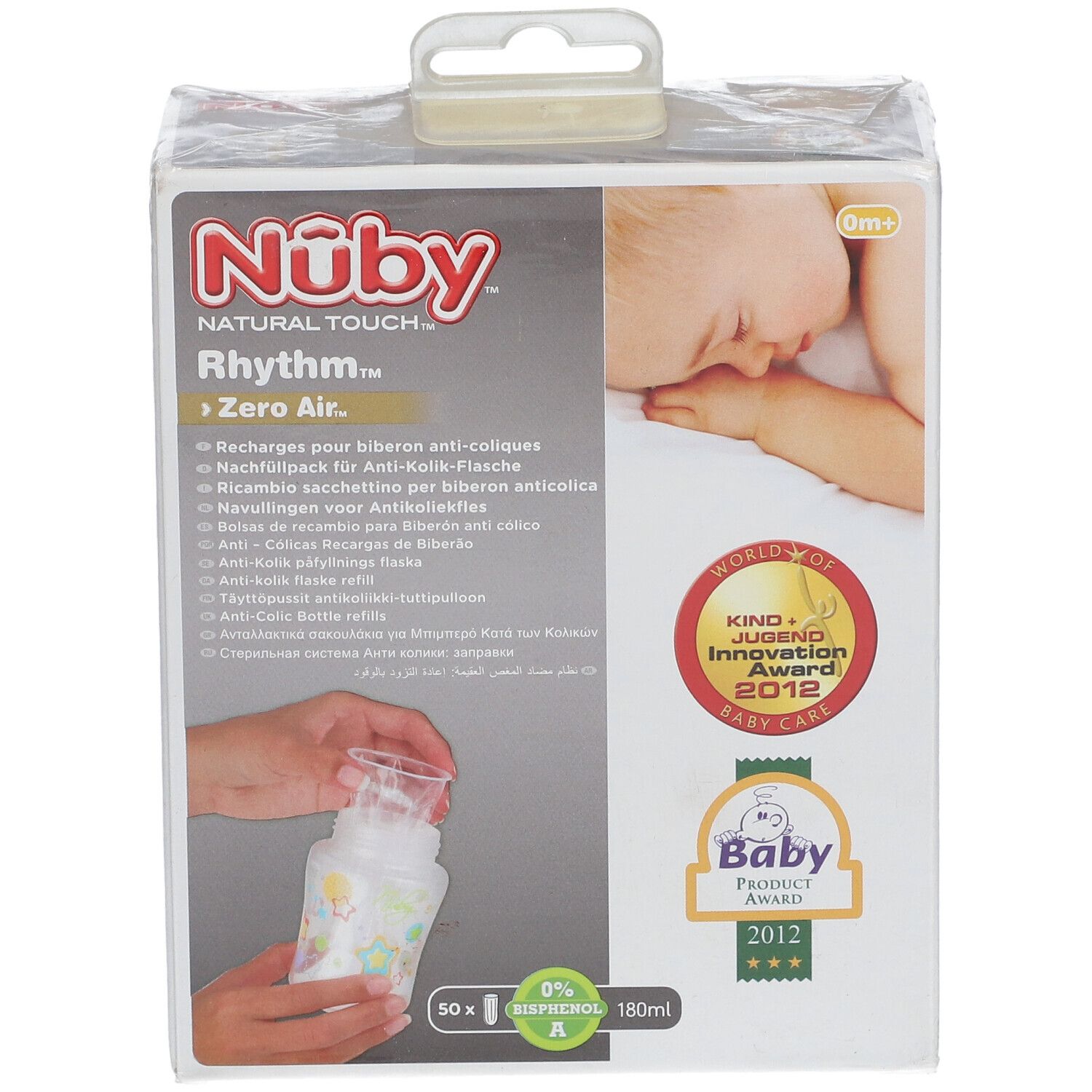 Emballage Nûby Natural Touch. Inscriptions: Nûby, Rhythm, Zero Air. Prix: Kind + Jugend Innovation Award 2012, Baby Product Award 2012.
