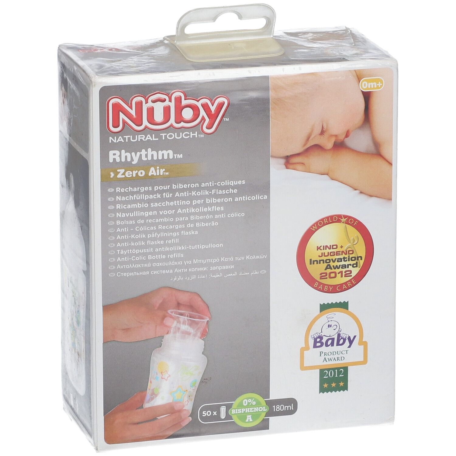 Emballage Nûby Natural Touch. Inscriptions: Nûby, Rhythm, Zero Air. Prix: Kind + Jugend Innovation Award 2012, Baby Product Award 2012.
