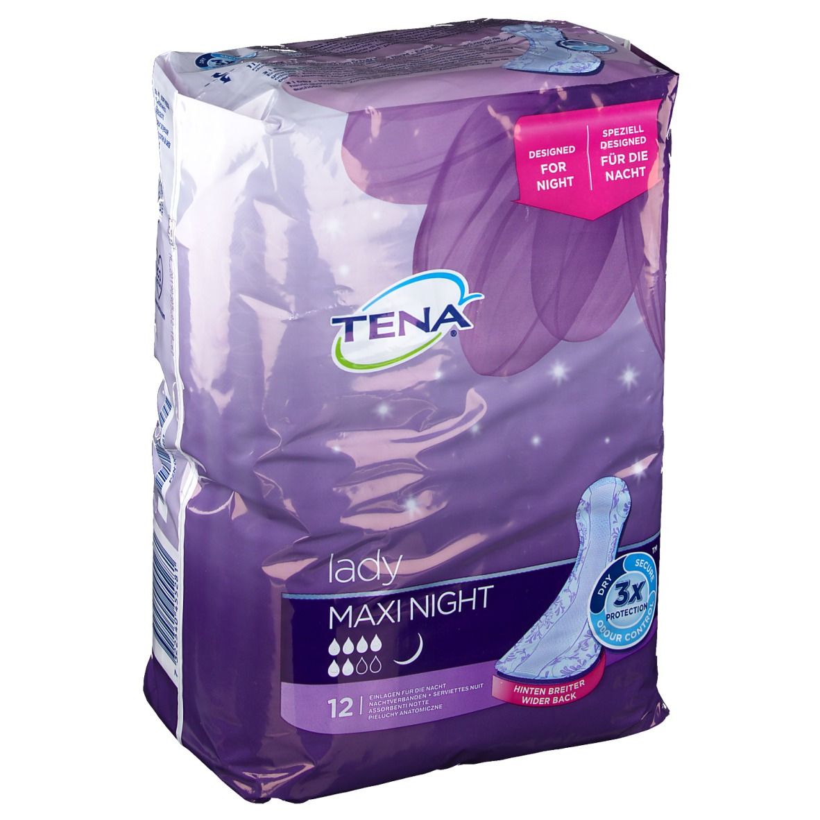 Paquet de Tena Lady Maxi Night. Emballage violet avec image du produit et texte. 12 pièces. Spécialement conçu pour la nuit.