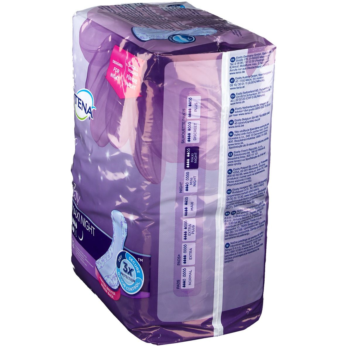 Vue latérale du paquet Tena Lady Maxi Night. Emballage violet avec informations sur le produit et indications de taille. Texte en plusieurs langues.