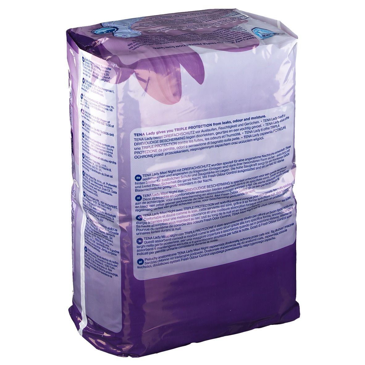 Dos du paquet Tena Lady Maxi Night. Emballage violet avec texte en plusieurs langues. Informations sur le produit et coordonnées du fabricant.