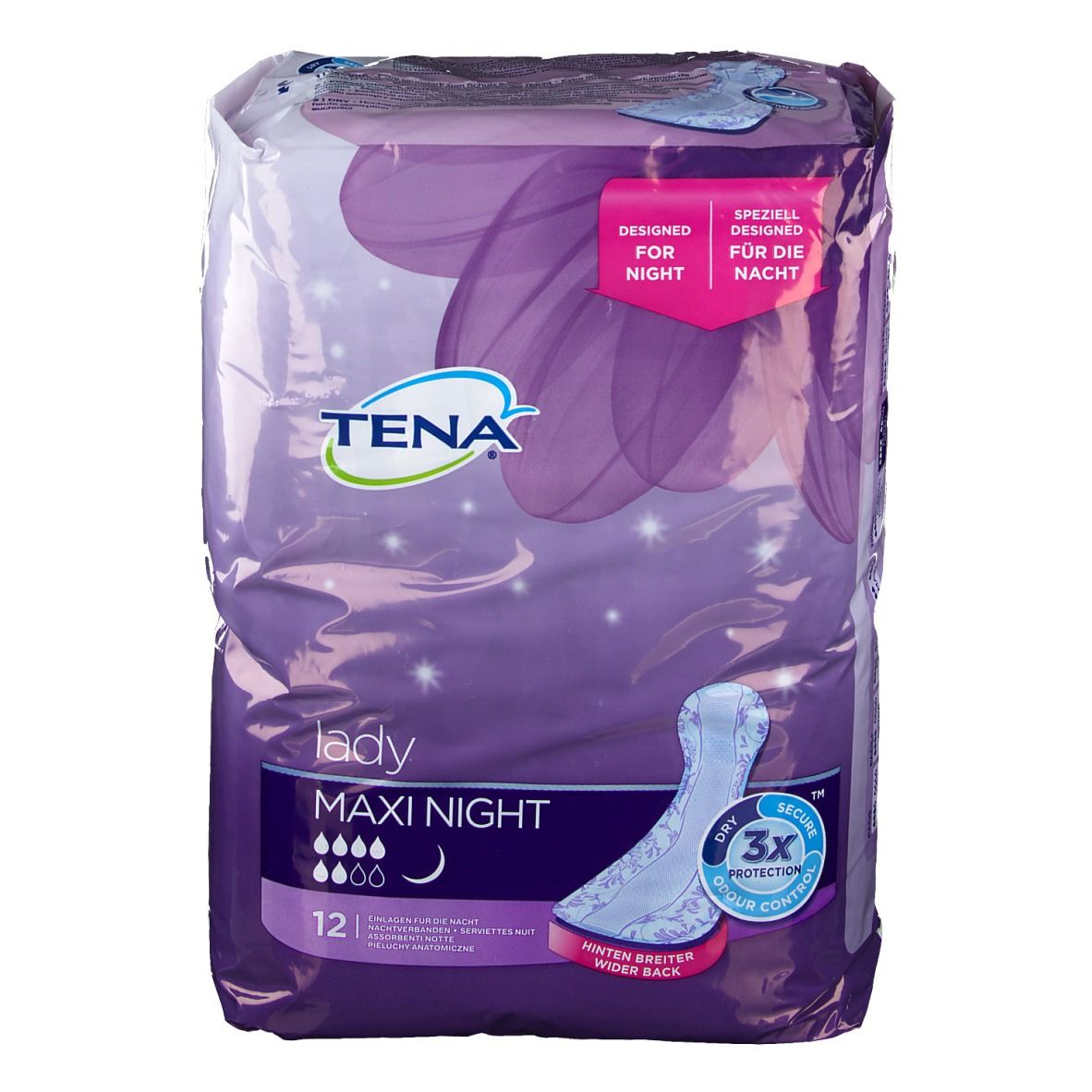 Paquet Tena Lady Maxi Night. Emballage violet avec image et texte. 12 pièces. Spécialement conçu pour la nuit. Sec, sûr, contrôle des odeurs.