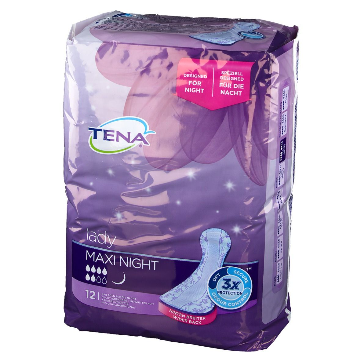 Paquet Tena Lady Maxi Night. Emballage violet avec image et texte. 12 pièces. Spécialement conçu pour la nuit. Sec, sûr, contrôle des odeurs.