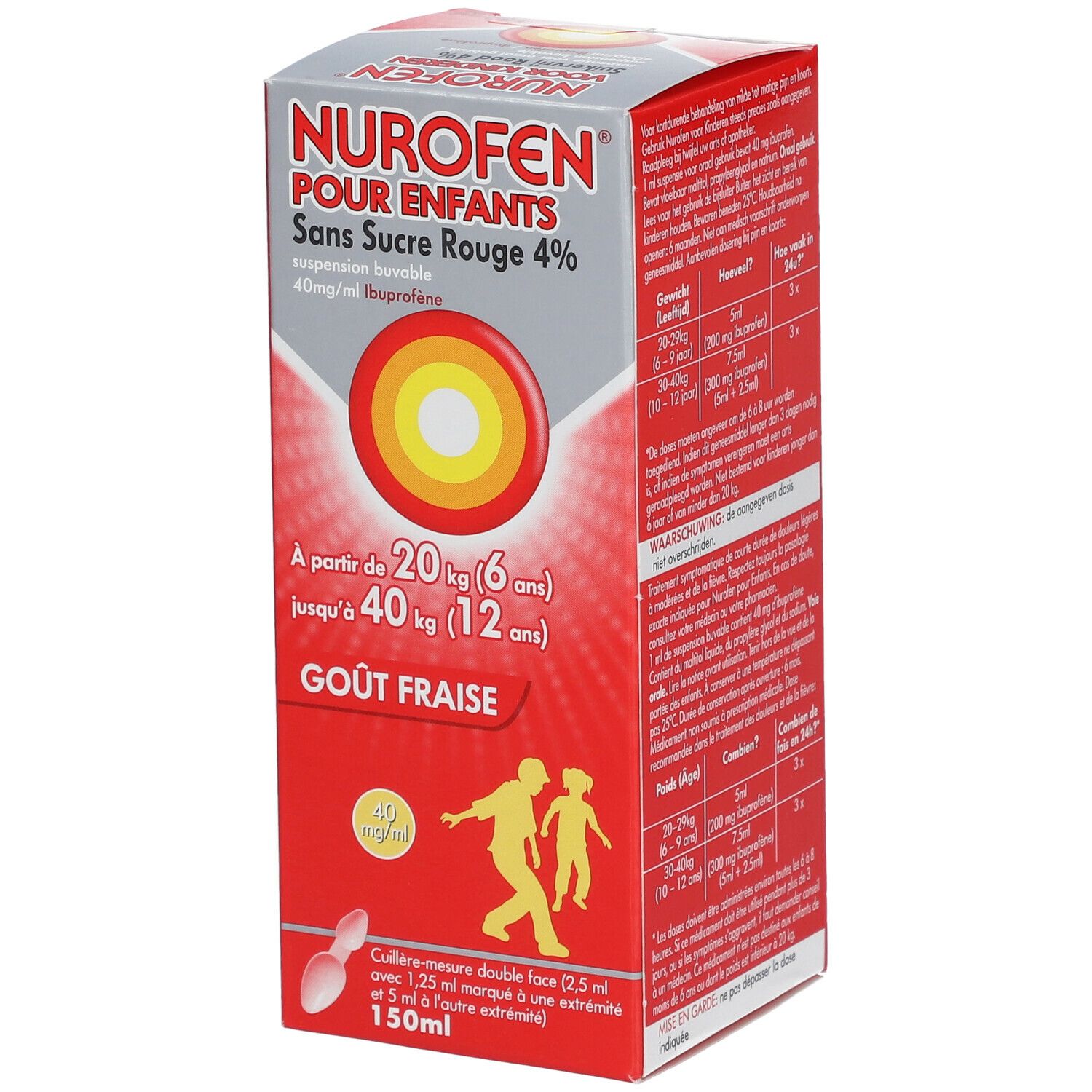 Boîte rouge avec nom du produit et informations de dosage. Contient une cuillère doseuse. Inscription : 4% et 150ml.