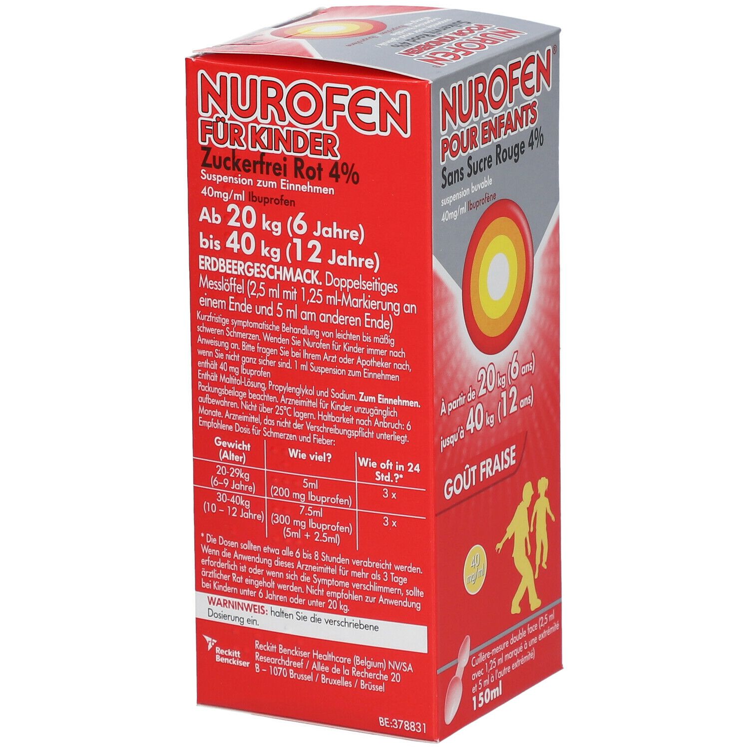 Boîte rouge avec nom du produit et informations de dosage. Contient une cuillère doseuse. Inscription : 4% et 150ml.