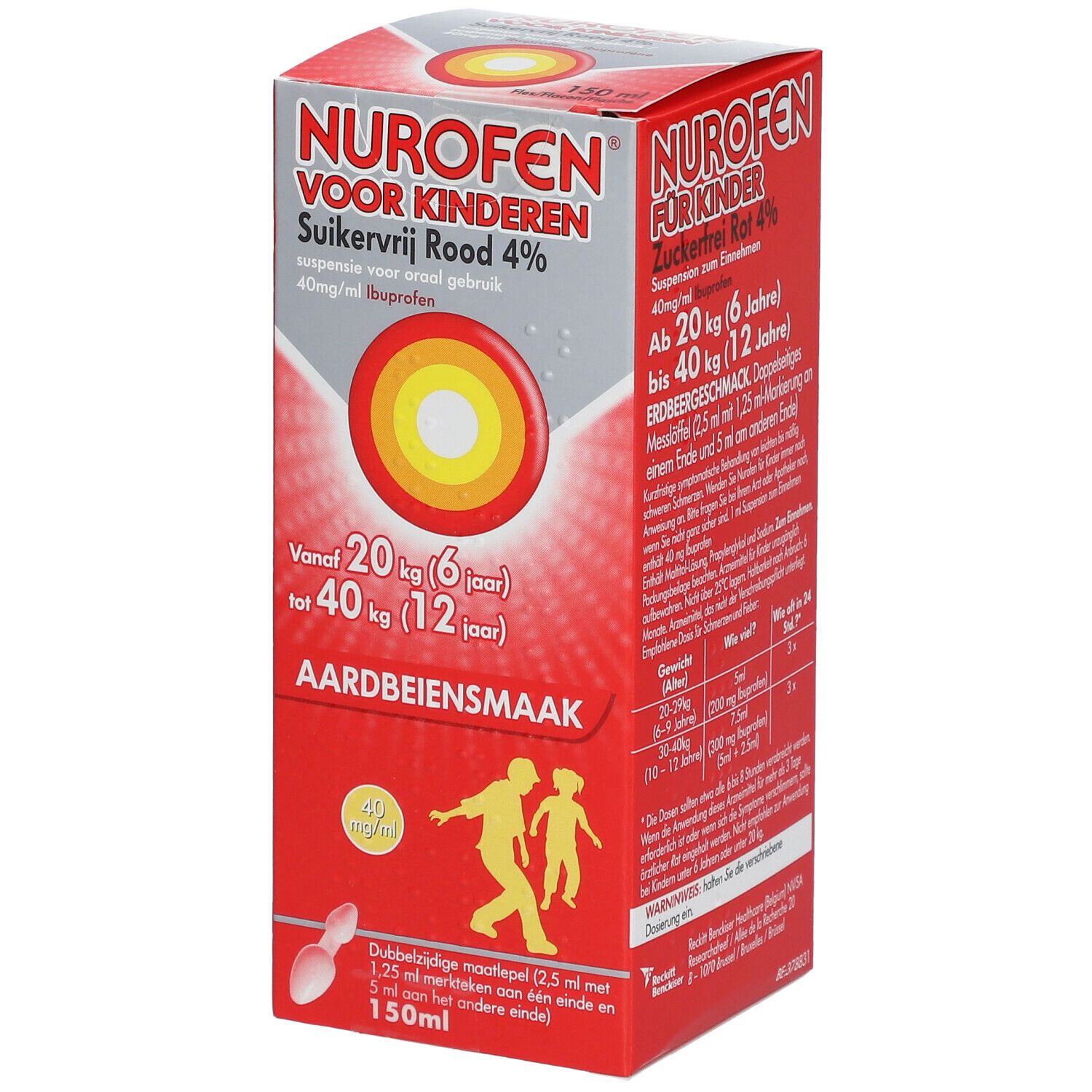Boîte rouge avec nom du produit et informations de dosage. Contient une cuillère doseuse. Inscription : 4% et 150ml.