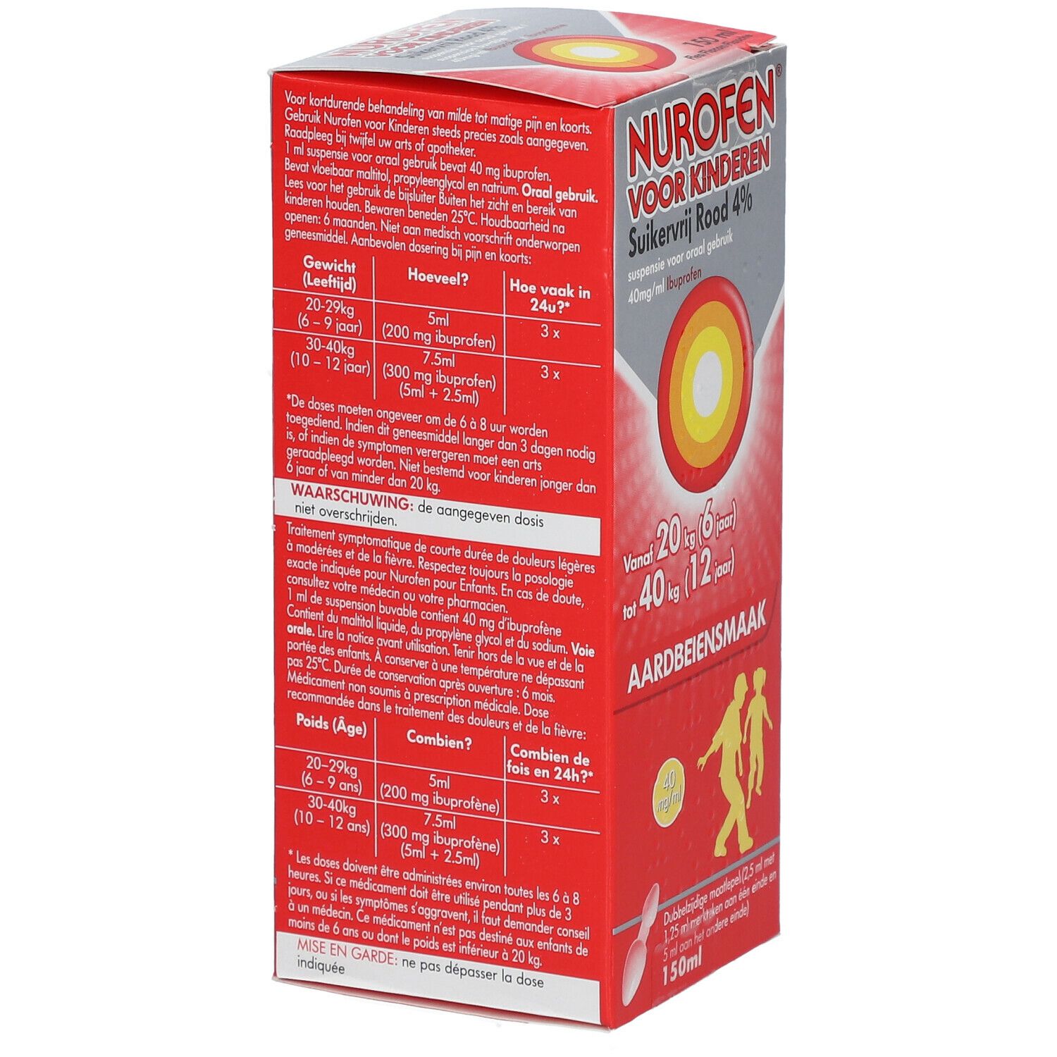 Boîte rouge avec nom du produit et informations de dosage. Contient une cuillère doseuse. Inscription : 4% et 150ml.