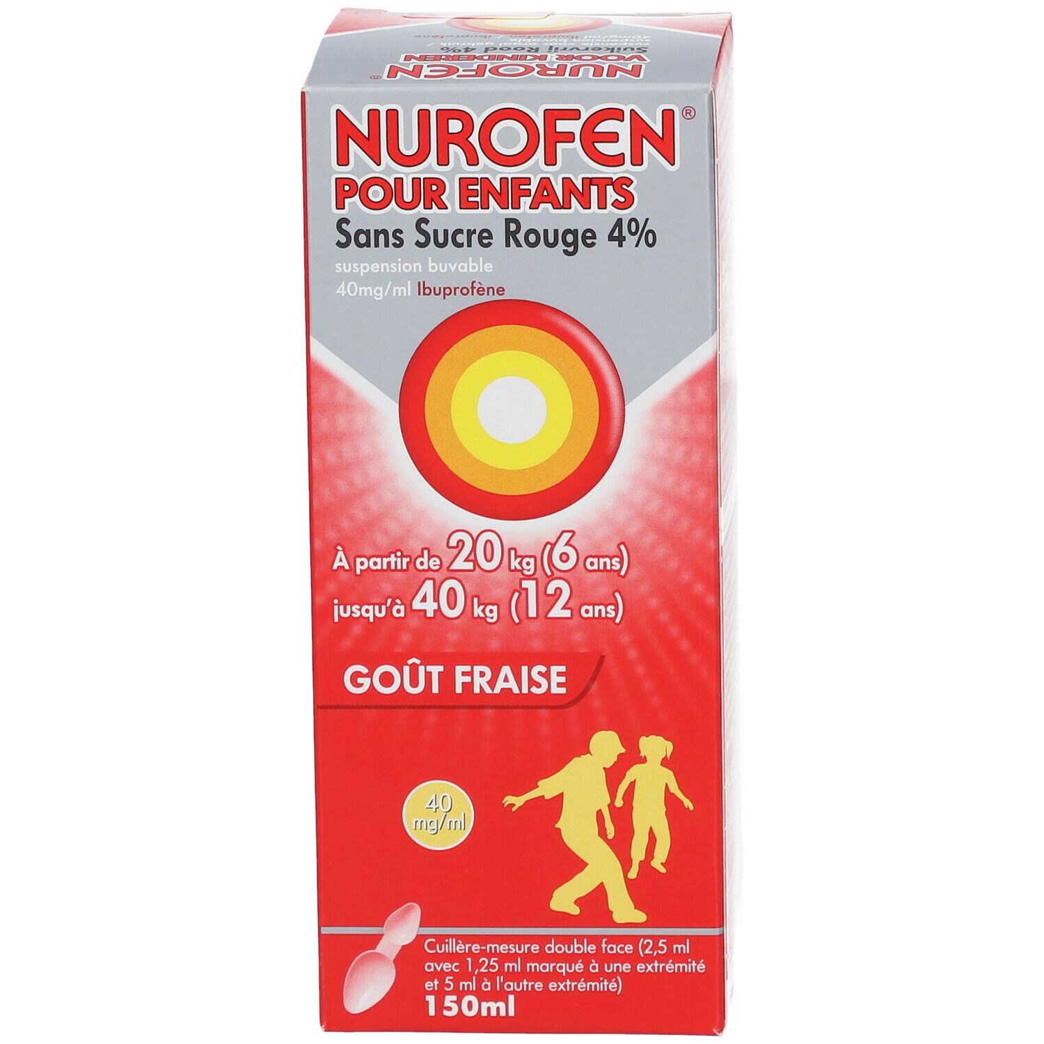 Boîte rouge avec nom du produit et informations de dosage. Contient une cuillère doseuse. Inscription : 4% et 150ml.