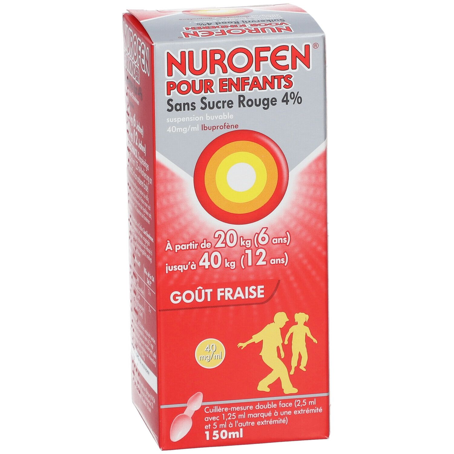 Boîte rouge avec nom du produit et informations de dosage. Contient une cuillère doseuse. Inscription : 4% et 150ml.