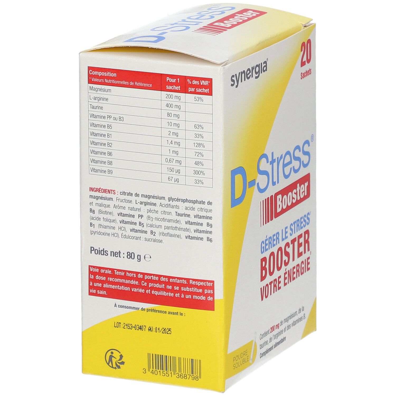 Dos de la boîte D-Stress Booster. Contient un tableau de composition et des informations sur les ingrédients. Poids net: 80 g.