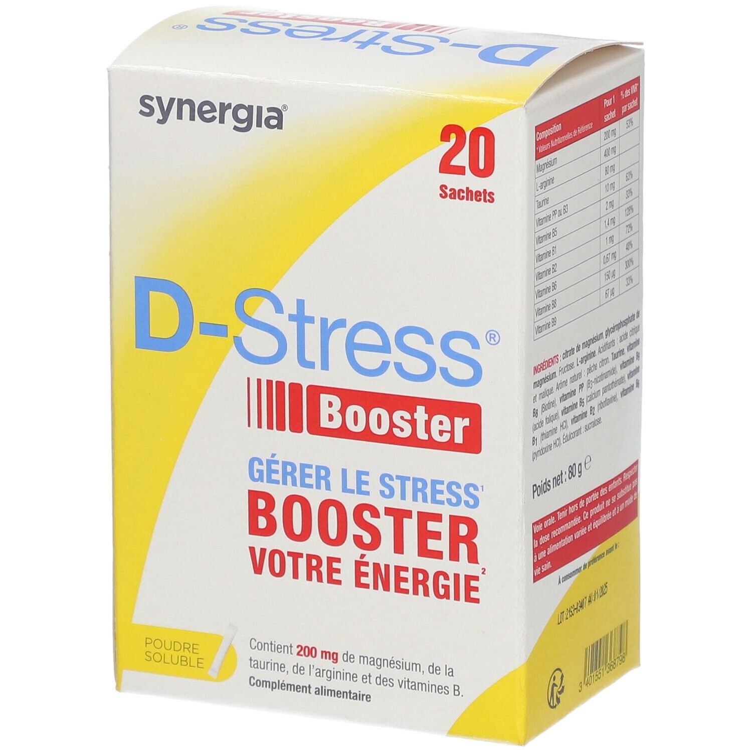 Boîte de D-Stress Booster. Contient 20 sachets. Inscription: Gérer le stress, Booster votre énergie. Contient magnésium, taurine, arginine et vitamines B.