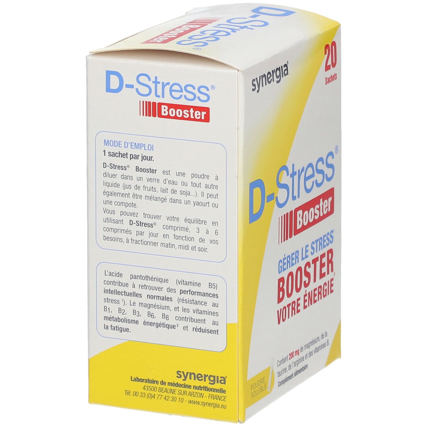 Côté de la boîte D-Stress Booster. Contient des informations d'utilisation. Inscription: Gérer le stress, Booster votre énergie. Contient magnésium, taurine, arginine et vitamines B.