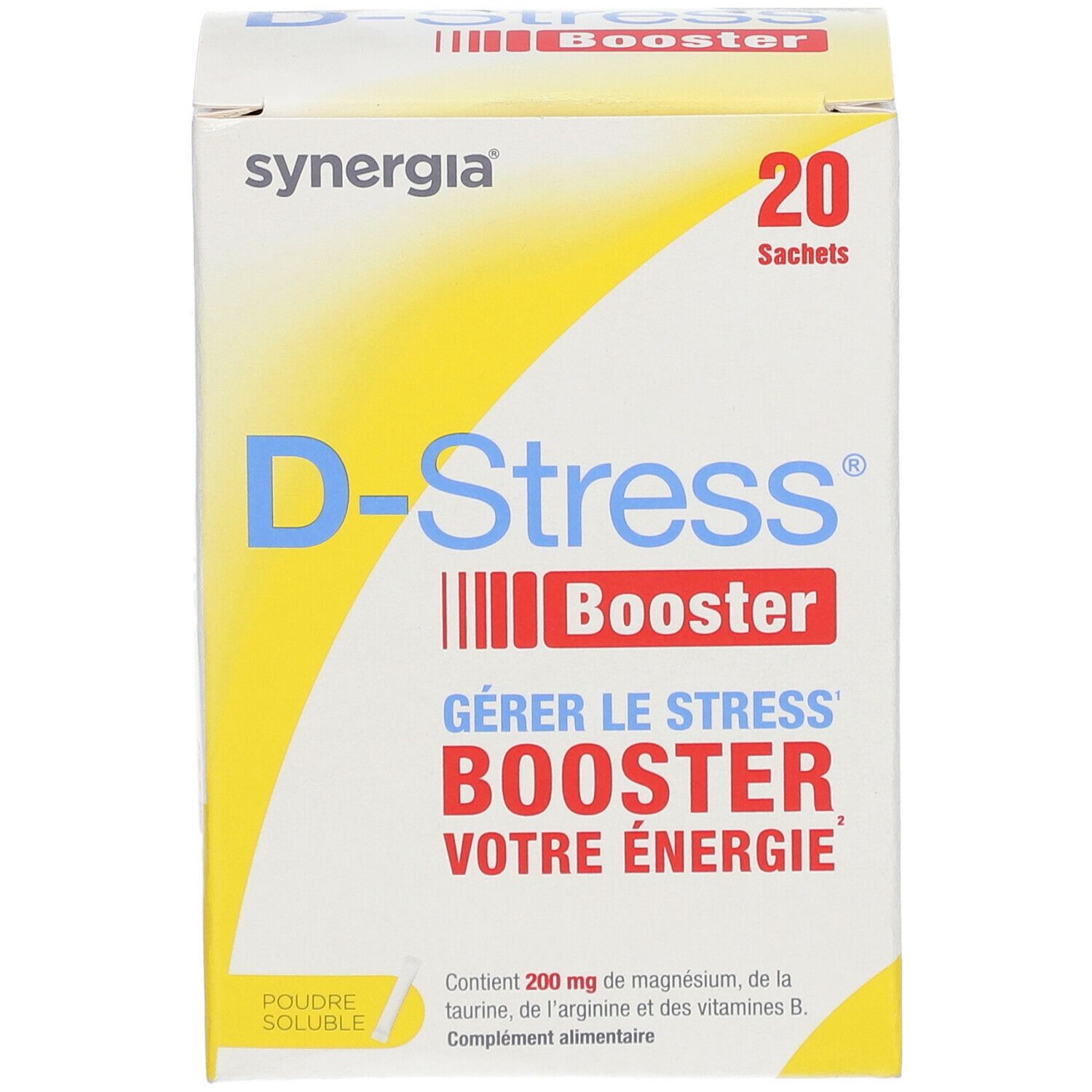 Boîte de D-Stress Booster. Contient 20 sachets. Inscription: Gérer le stress, Booster votre énergie. Contient magnésium, taurine, arginine et vitamines B.