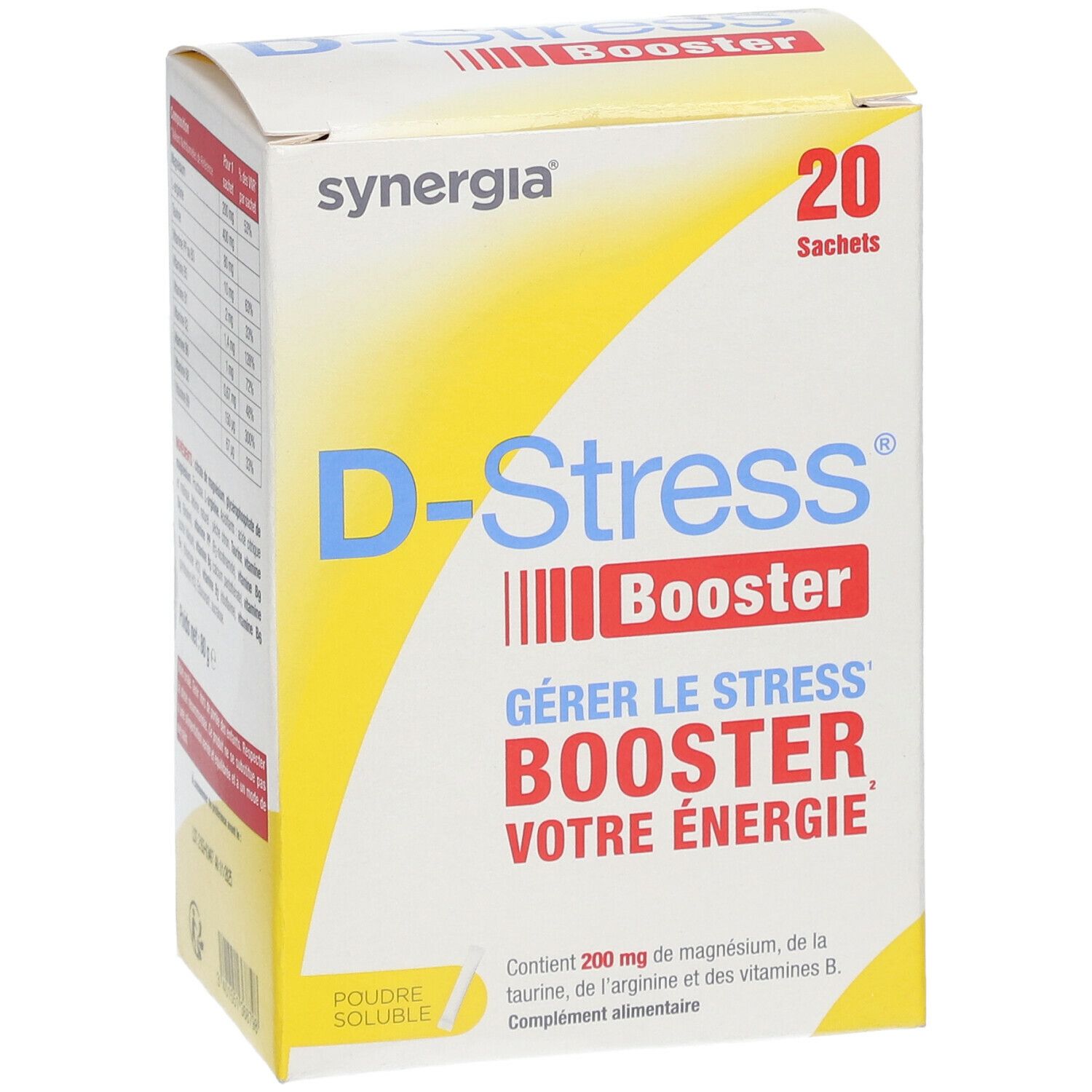 Boîte de D-Stress Booster. Contient 20 sachets. Inscription: Gérer le stress, Booster votre énergie. Contient magnésium, taurine, arginine et vitamines B.