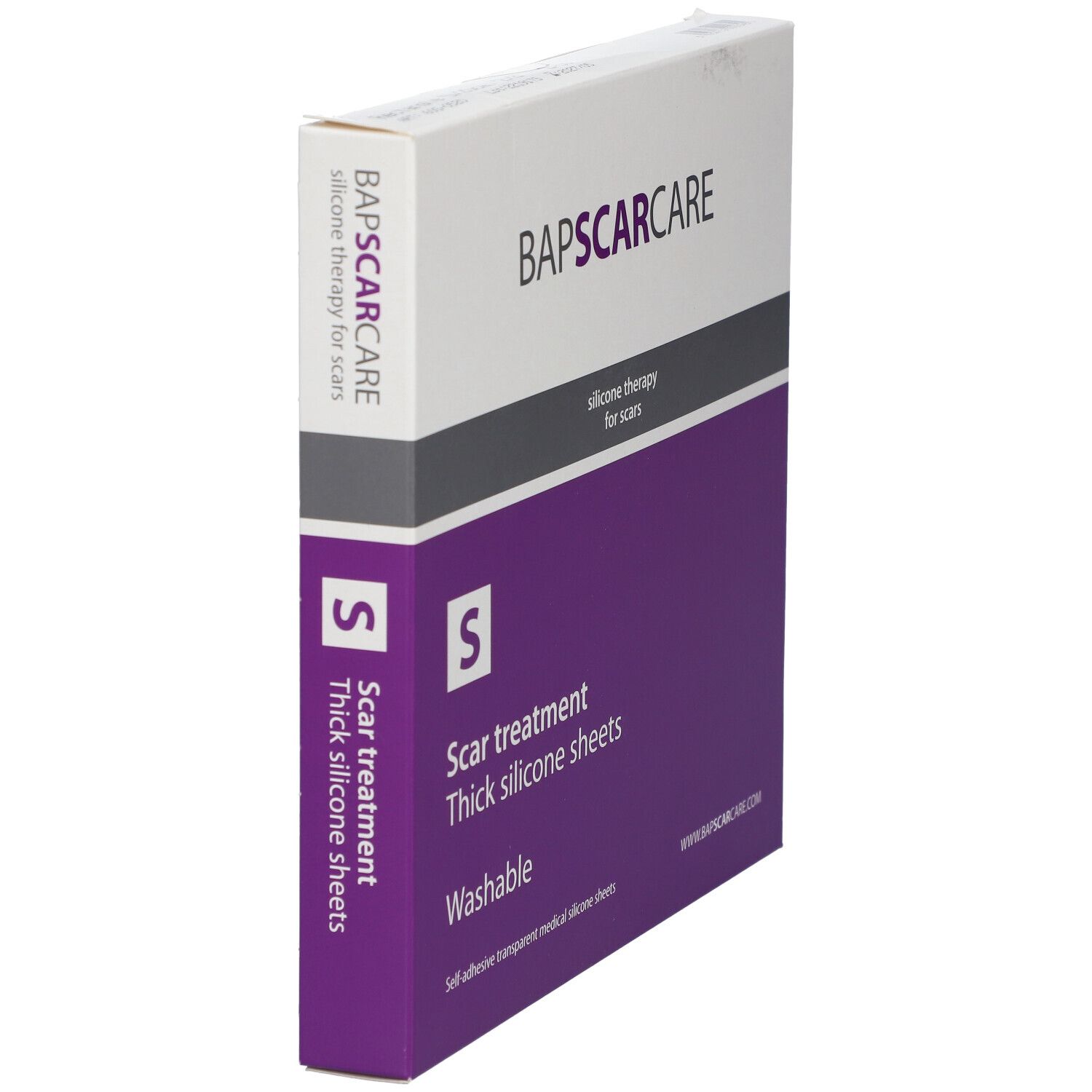 BAPSCARCARE-Verpackung, schräg. Aufschrift: Narbenbehandlung, dicke Silikonfolien, waschbar. Logo und Website.