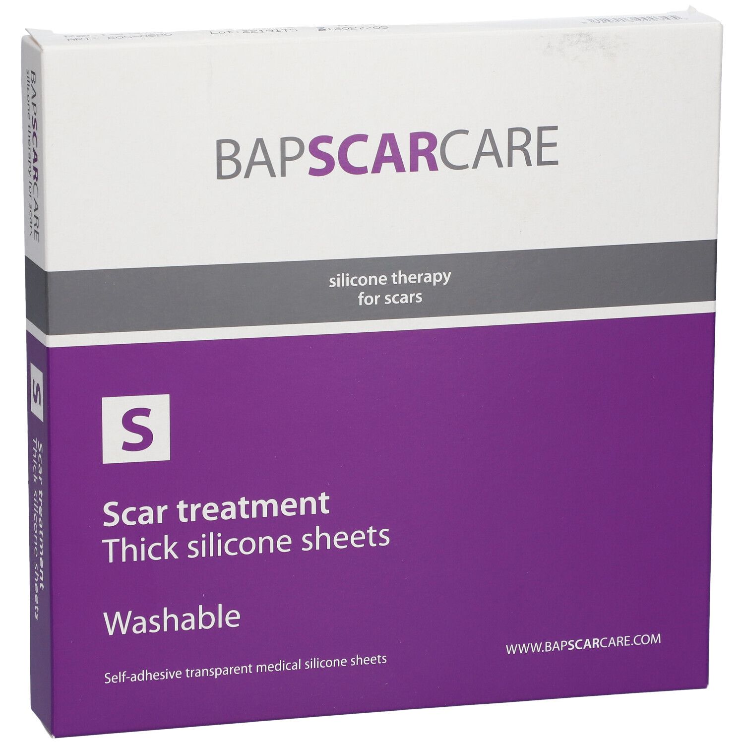 BAPSCARCARE-Verpackung. Aufschrift: Narbenbehandlung, dicke Silikonfolien, waschbar. Logo und Website.