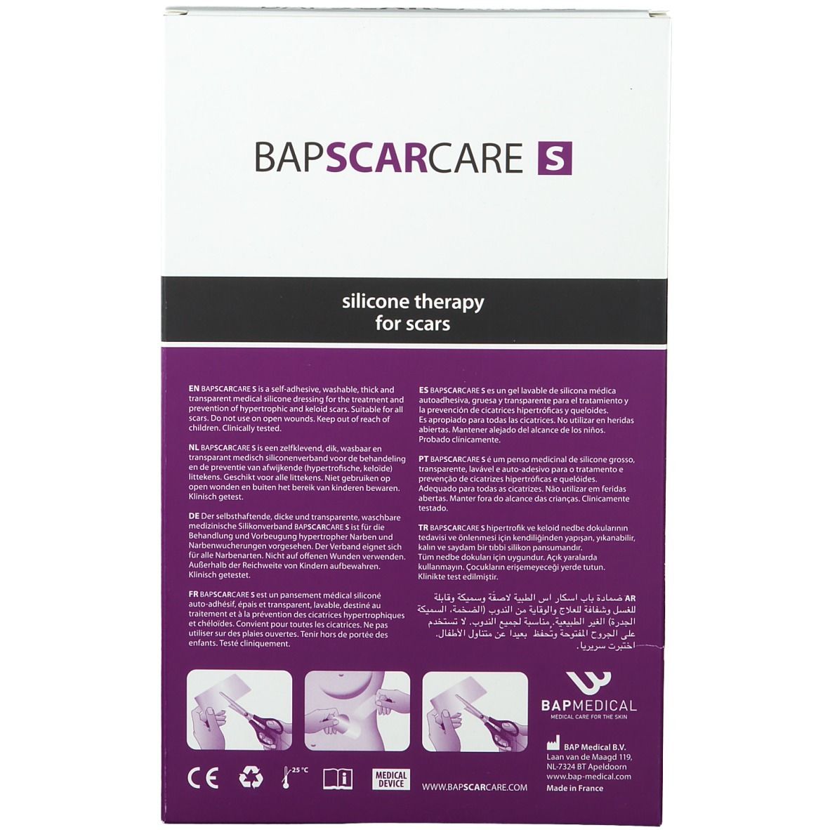 Achterkant verpakking BAPSCARCARE S. Tekst in meerdere talen. Medisch hulpmiddel. CE-markering.