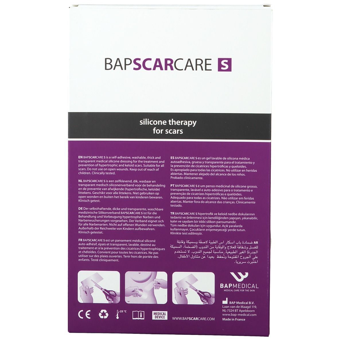 Achterkant verpakking Bap Scar Care S. Tekst in meerdere talen. CE-markering.