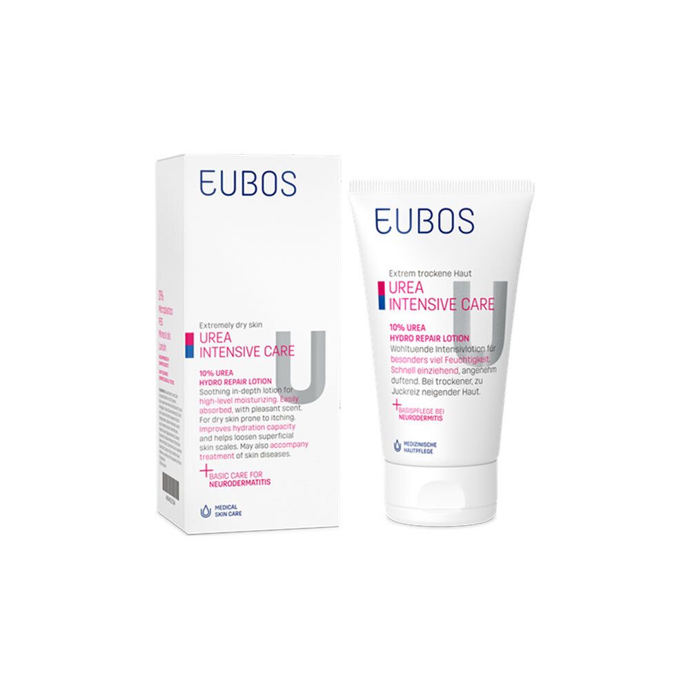 Boîte et tube blancs. Inscription: EUBOS, UREA INTENSIVE CARE, 10% UREA HYDRO REPAIR LOTION.