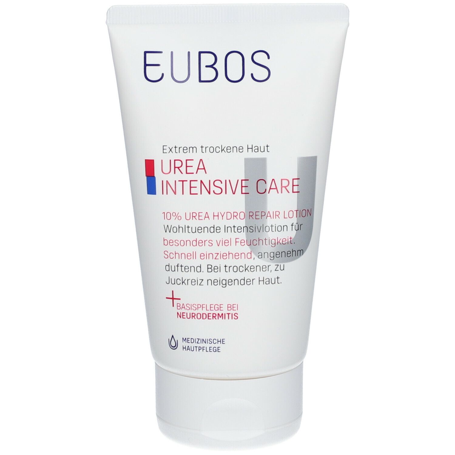 Tube blanche avec texte bleu et rouge. Inscription: EUBOS, UREA INTENSIVE CARE, 10% UREA HYDRO REPAIR LOTION.