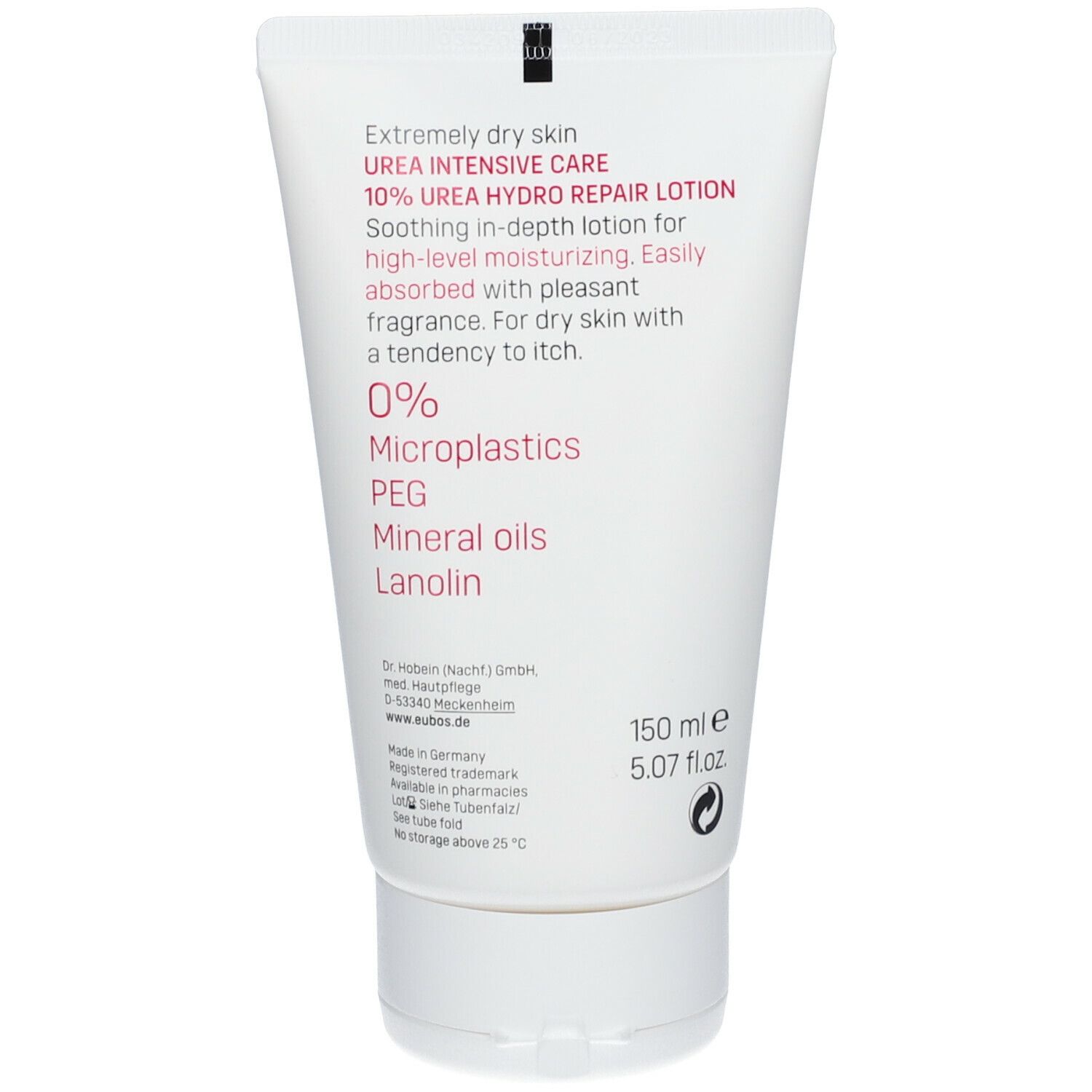 Dos du tube blanc. Texte: 0% microplastiques, PEG, huiles minérales, lanoline. 150 ml, 5.07 fl.oz.