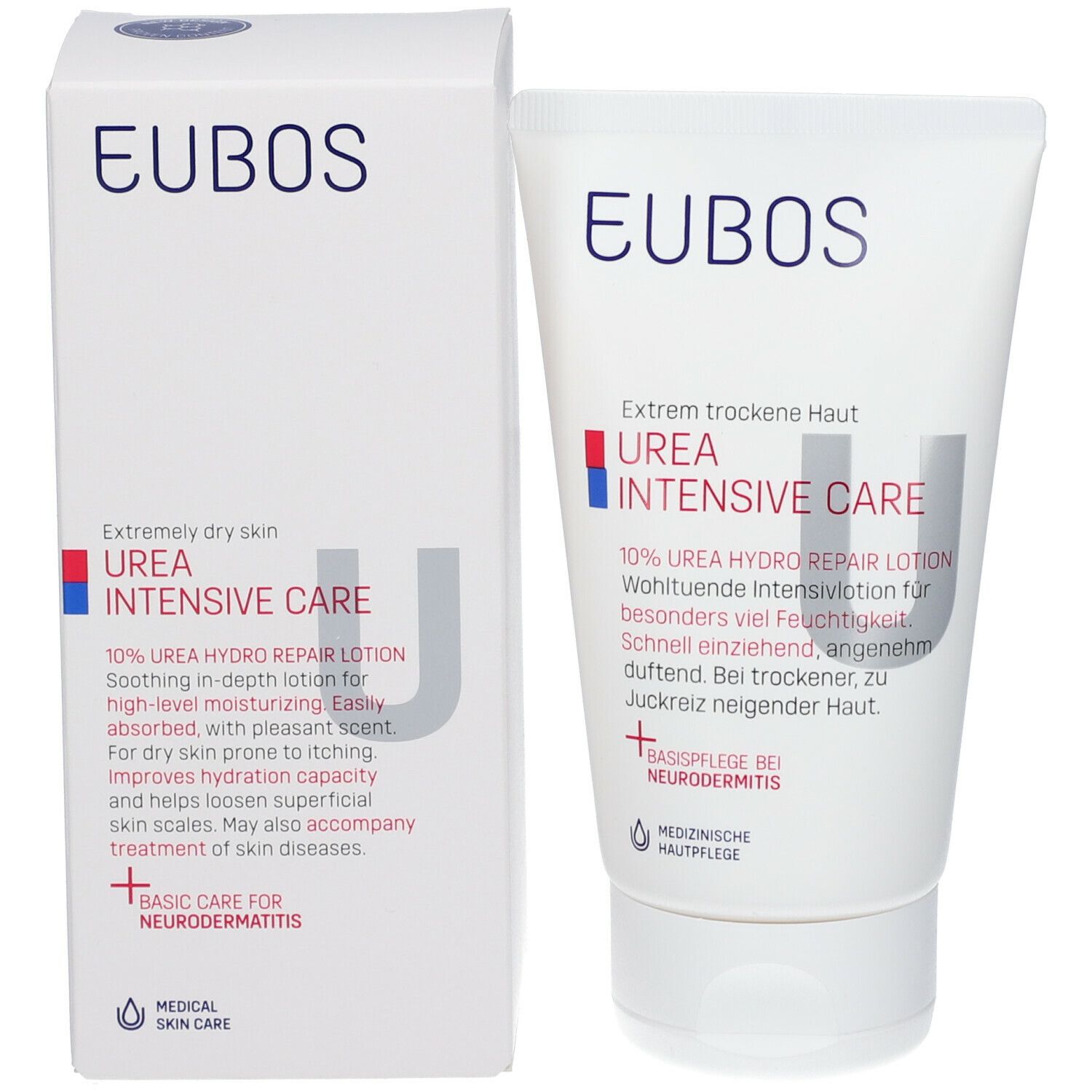 Boîte et tube blancs. Inscription: EUBOS, UREA INTENSIVE CARE, 10% UREA HYDRO REPAIR LOTION.