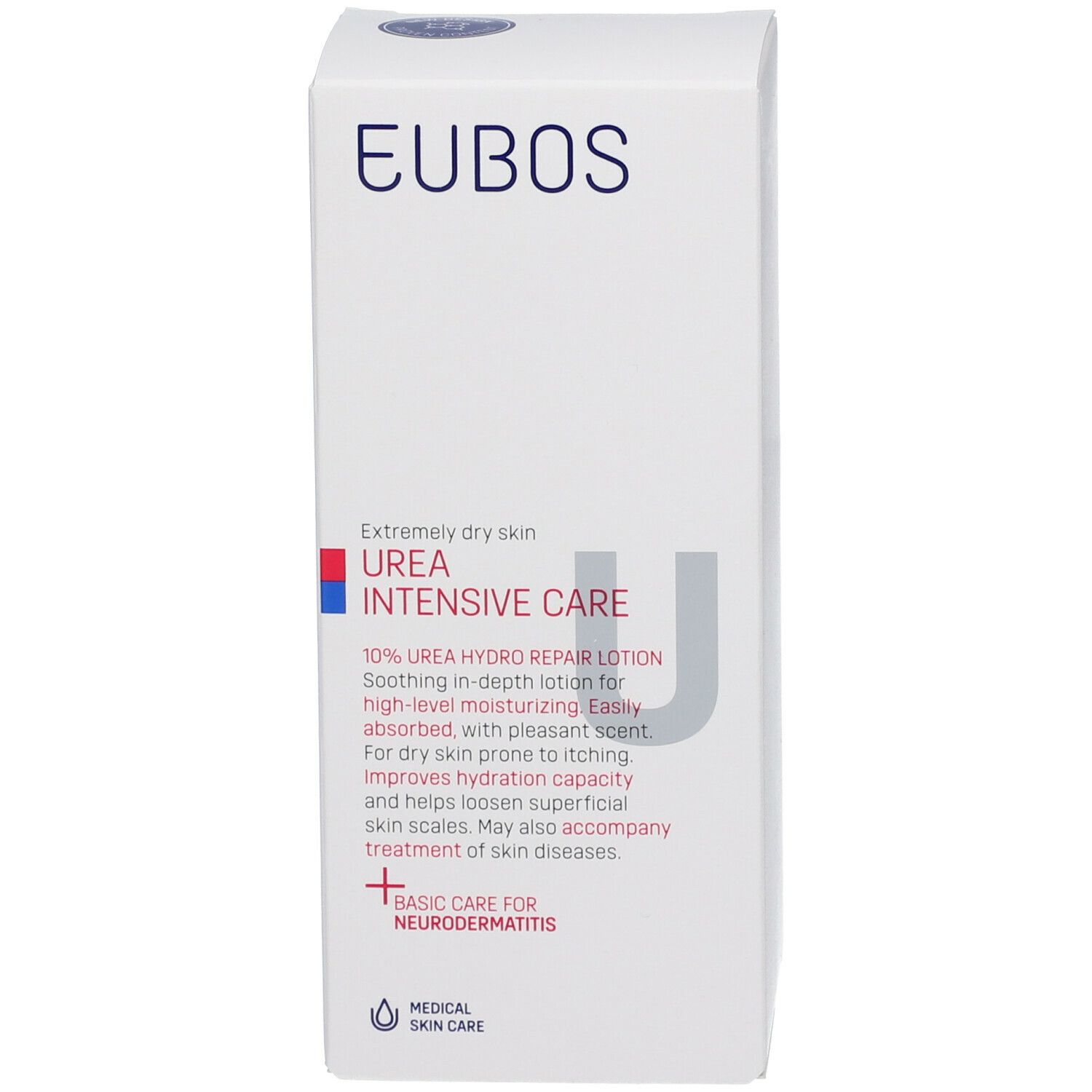Boîte blanche avec texte bleu et rouge. Inscription: EUBOS, UREA INTENSIVE CARE, 10% UREA HYDRO REPAIR LOTION.