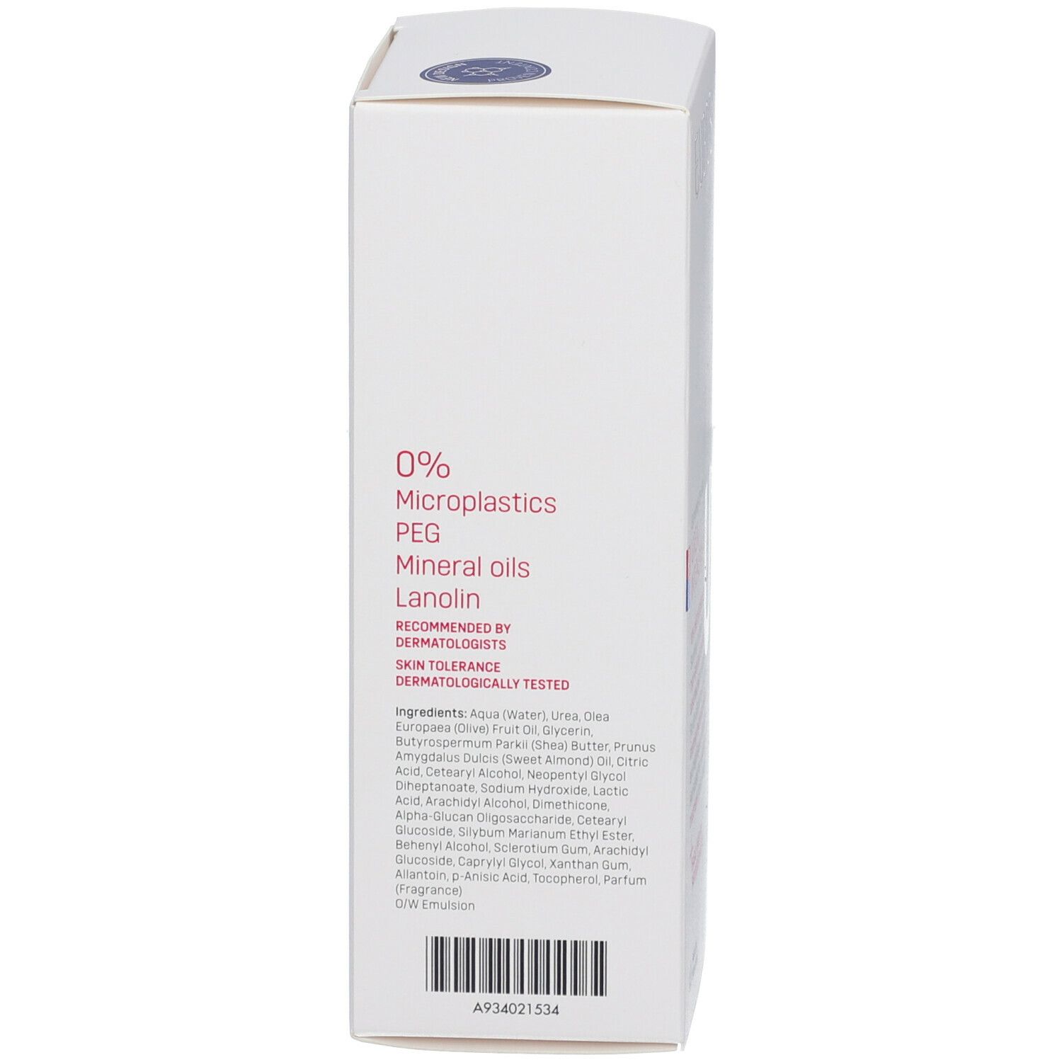 Dos de la boîte blanche. Texte: 0% microplastiques, PEG, huiles minérales, lanoline. Testé dermatologiquement.