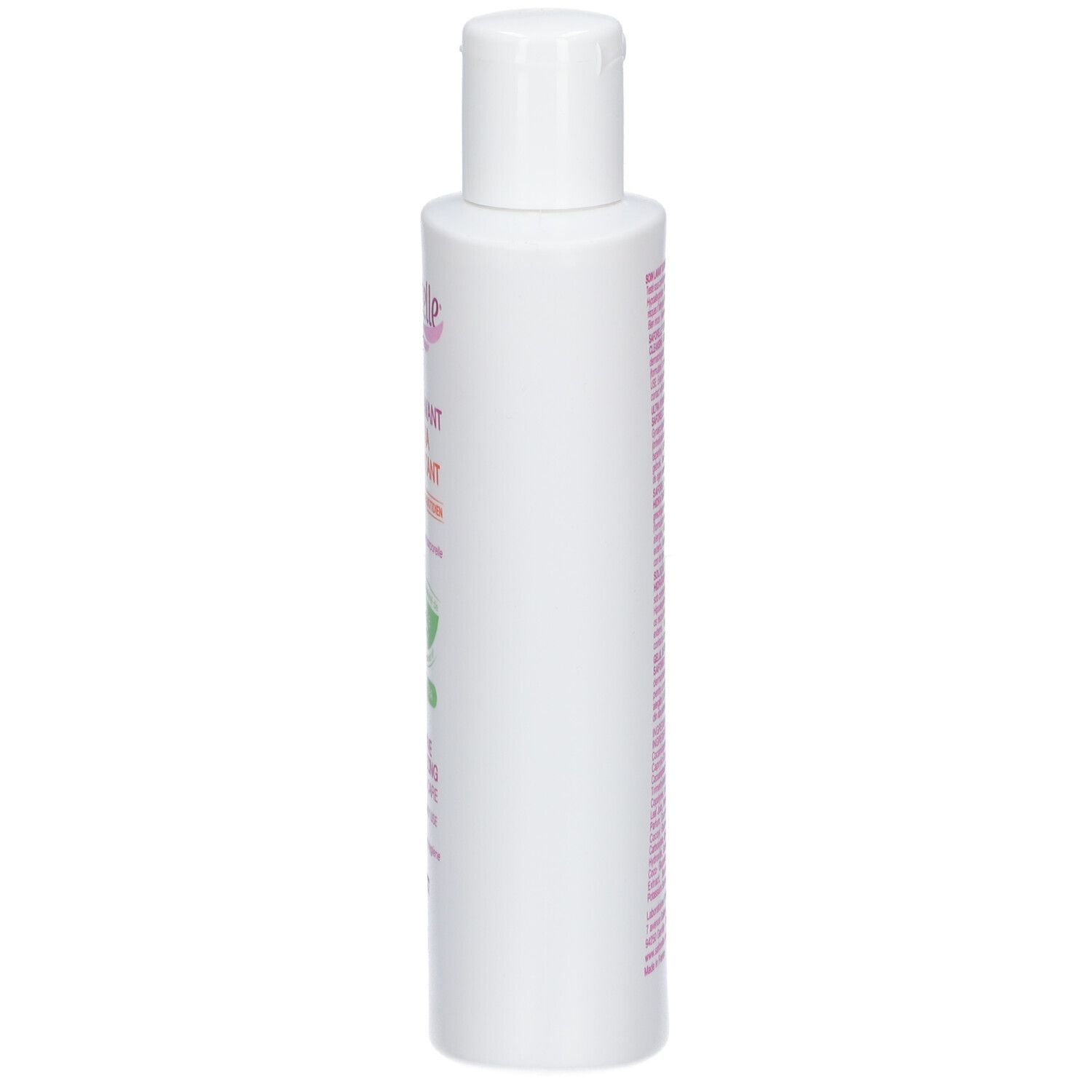 Flacon blanc. Inscription: Saforelle, Soin Lavant Ultra Hydratant. Pour sécheresse et quotidien.