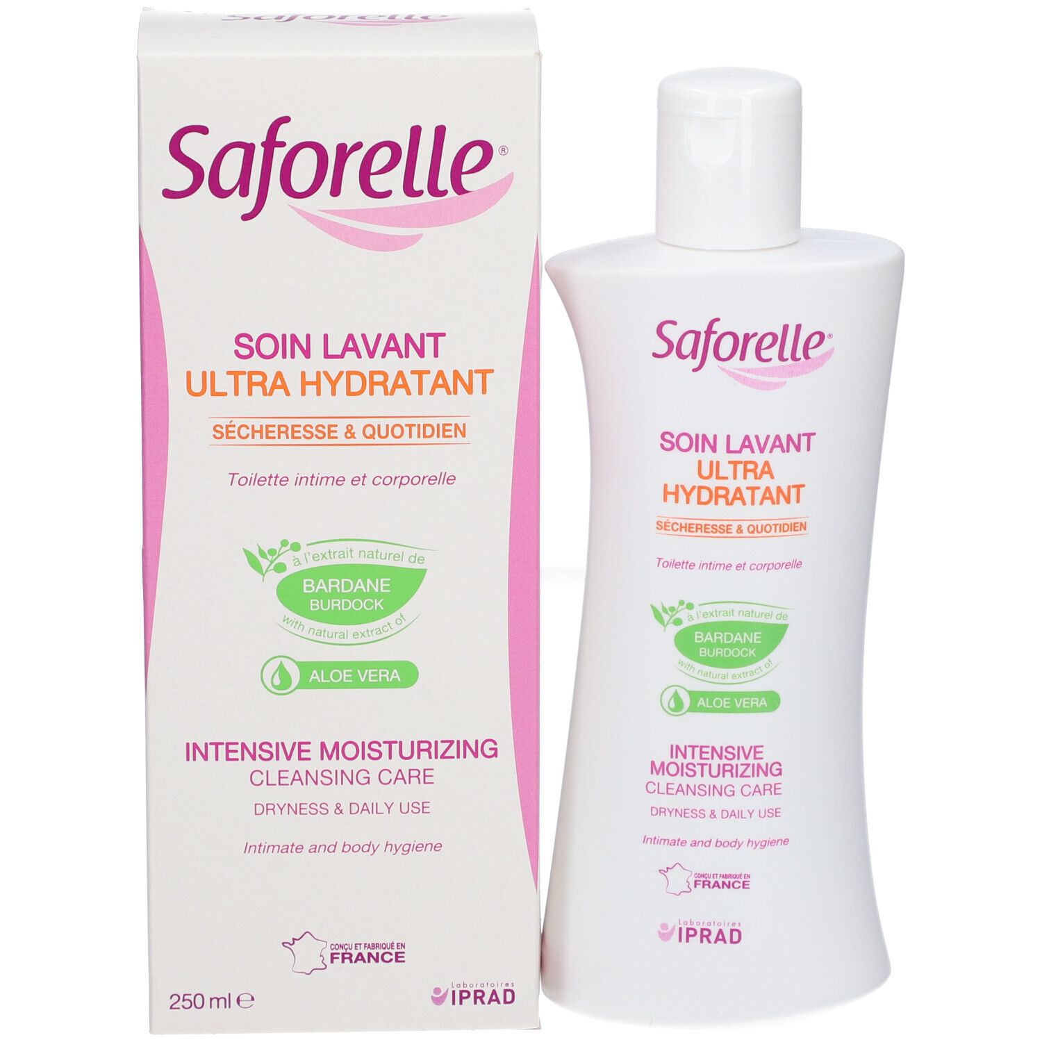 Boîte. Inscription: Saforelle, Soin Lavant Ultra Hydratant. 250 ml. Pour sécheresse et quotidien.