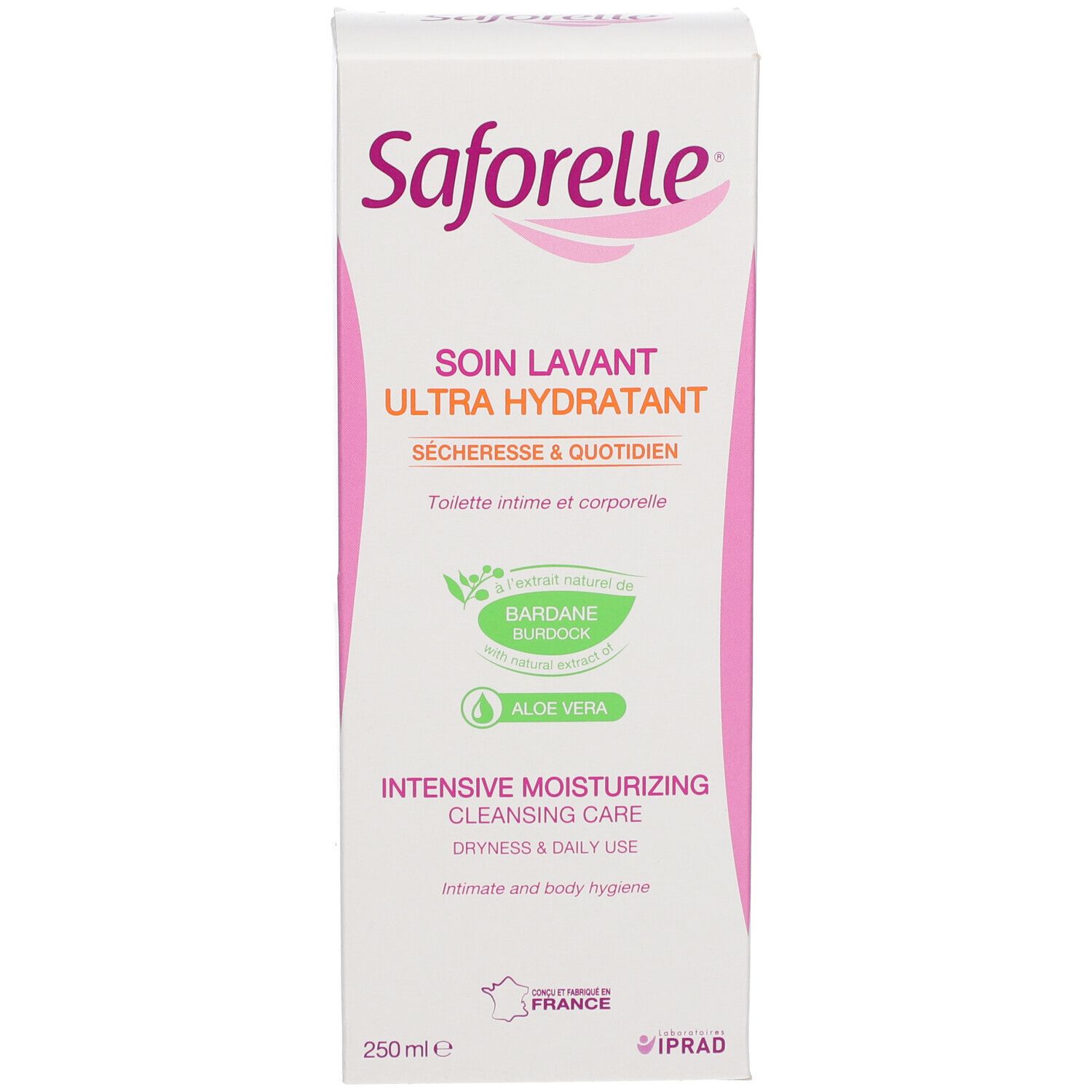 Texte: Saforelle. Enrichi en extrait de bardane et aloe vera. Testé dermatologiquement et gynécologiquement. Fabriqué en France.