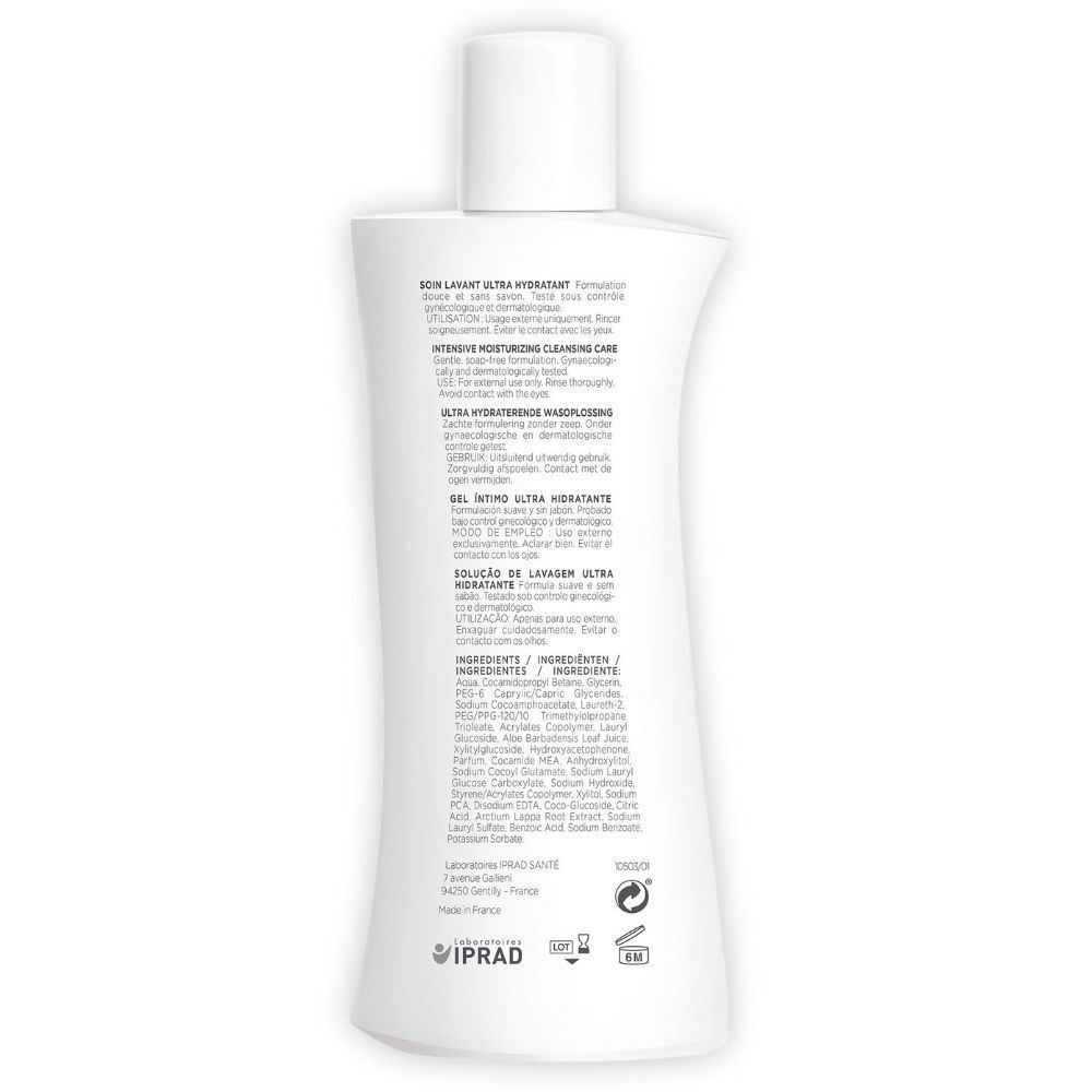 Dos du flacon blanc. Texte multilingue. Ingrédients et informations fabricant.